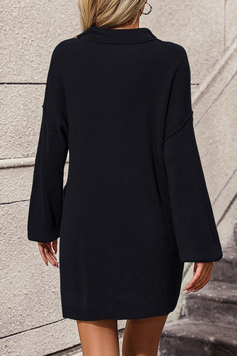 WOMEN COLLARED HENLEY NECK LONG SLEEVE KNIT DRESS