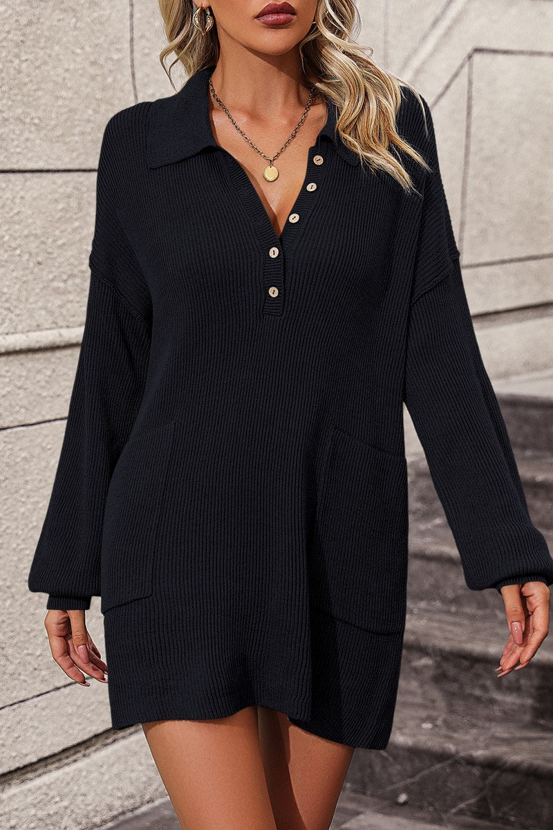 WOMEN COLLARED HENLEY NECK LONG SLEEVE KNIT DRESS