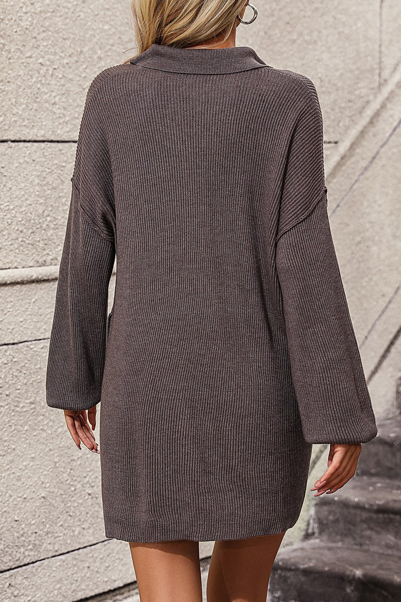 WOMEN COLLARED HENLEY NECK LONG SLEEVE KNIT DRESS