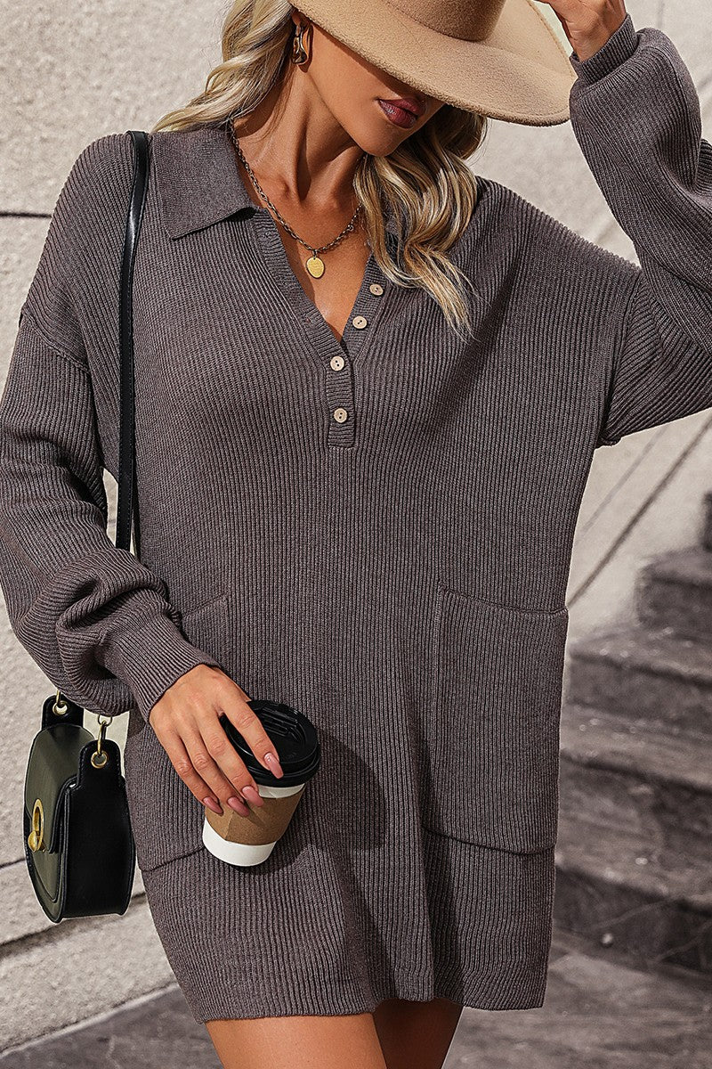 WOMEN COLLARED HENLEY NECK LONG SLEEVE KNIT DRESS