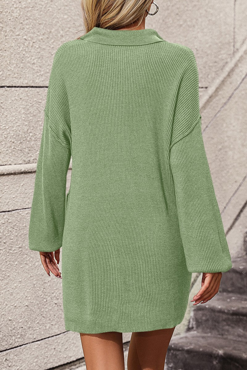 WOMEN COLLARED HENLEY NECK LONG SLEEVE KNIT DRESS