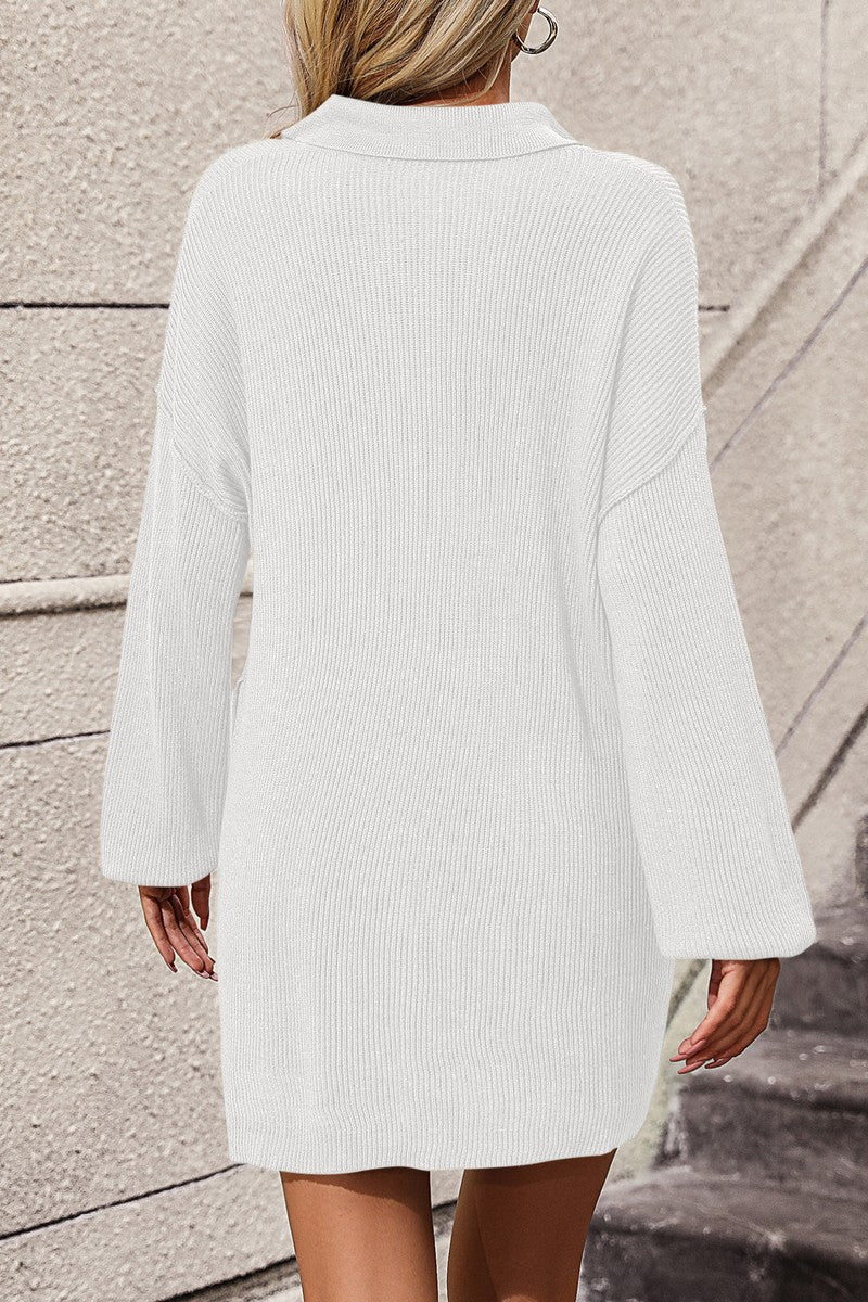 WOMEN COLLARED HENLEY NECK LONG SLEEVE KNIT DRESS