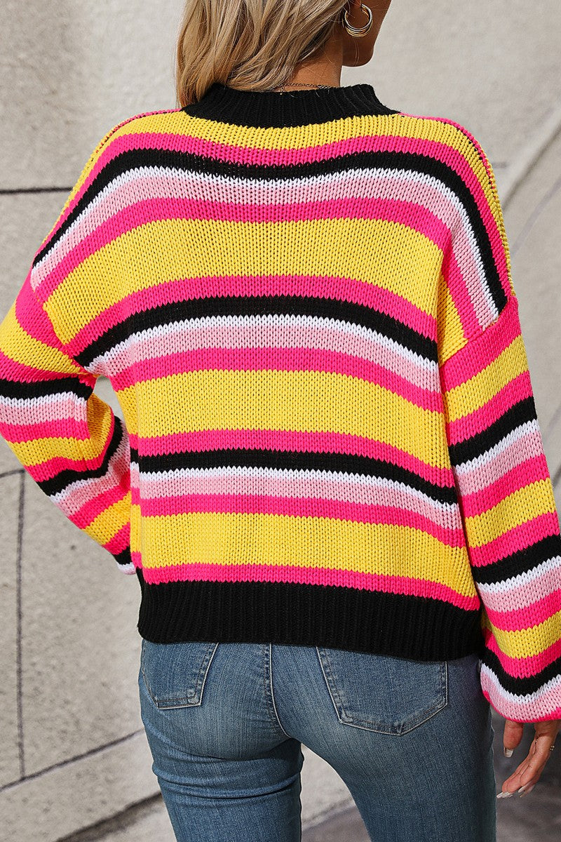 WOMEN COLORED STRIPE LANTERN SLEEVE SWEATER