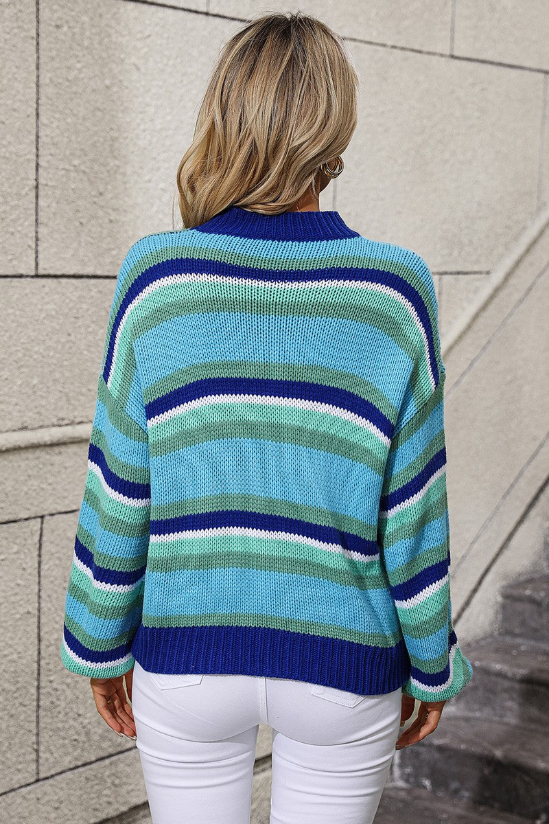 WOMEN COLORED STRIPE LANTERN SLEEVE SWEATER