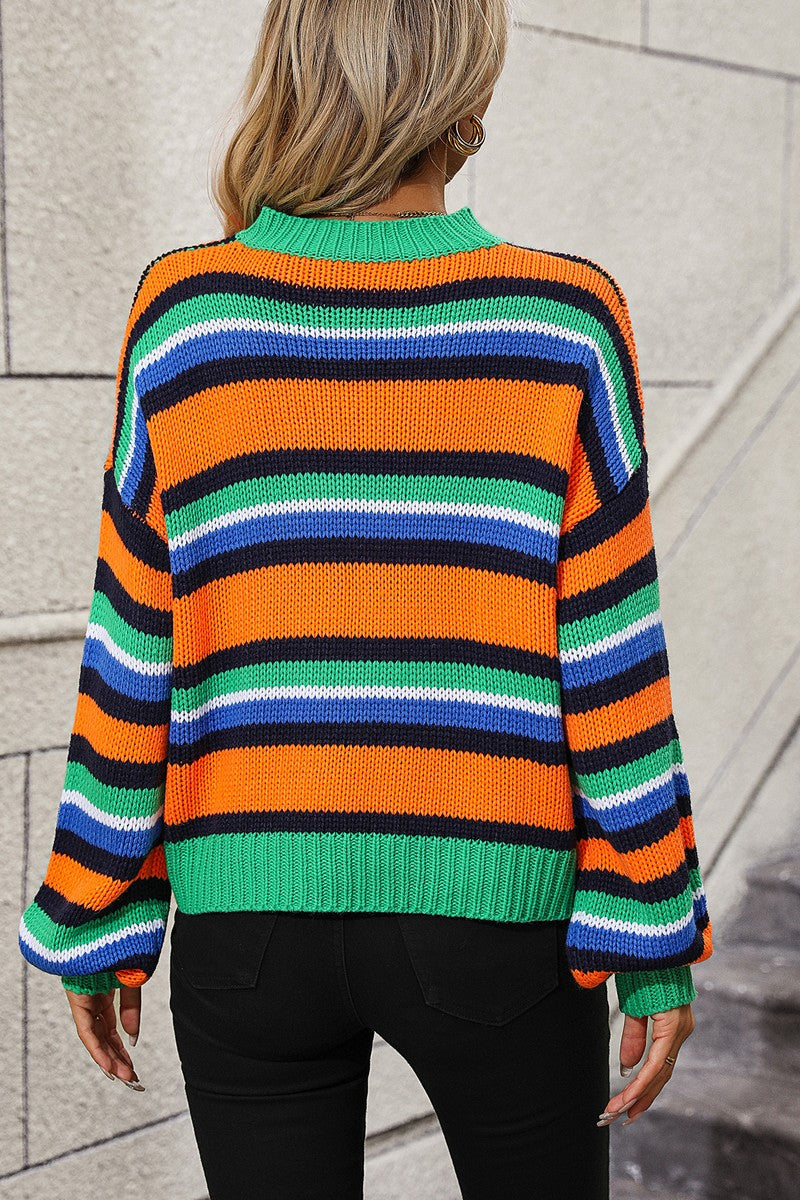 WOMEN COLORED STRIPE LANTERN SLEEVE SWEATER