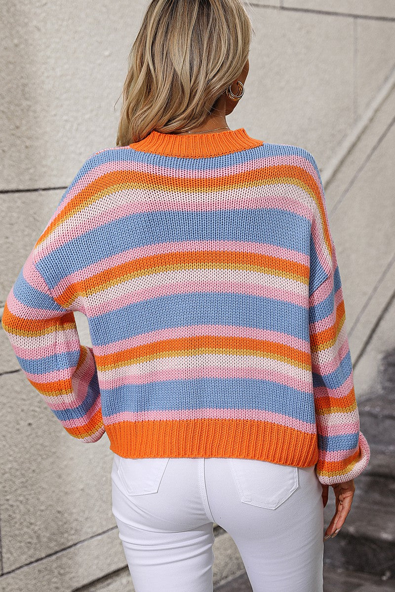 WOMEN COLORED STRIPE LANTERN SLEEVE SWEATER