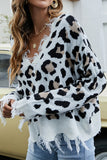 WOMEN LEOPARD PATTERN DISTRESSED V NECK SWEATER