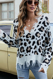 WOMEN LEOPARD PATTERN DISTRESSED V NECK SWEATER