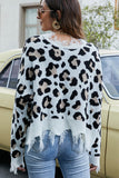 WOMEN LEOPARD PATTERN DISTRESSED V NECK SWEATER