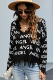 WOMEN ANGEL LETTER PRINTING DISTRESSED SWEATER