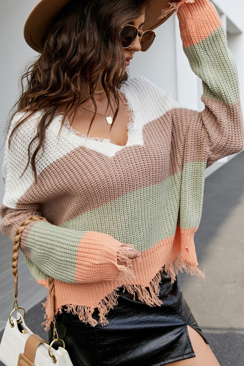 WOMEN COLOR BLOCK DISTRESSED KNIT SWEATER