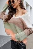 WOMEN COLOR BLOCK DISTRESSED KNIT SWEATER