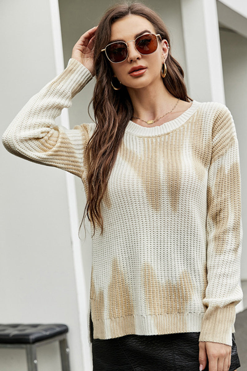 WOMEN WAFFLE KNIT GRADIENT COLORED CASUAL SWEATER