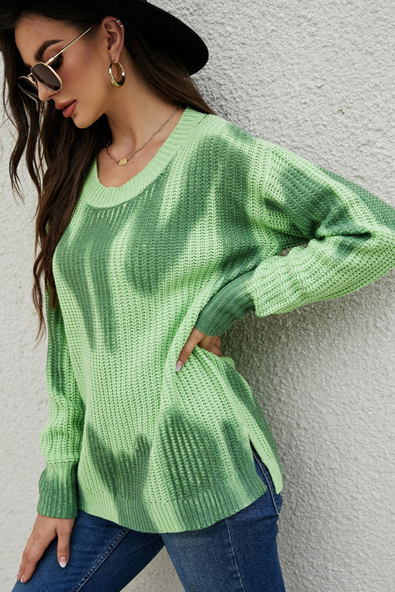 WOMEN WAFFLE KNIT GRADIENT COLORED CASUAL SWEATER