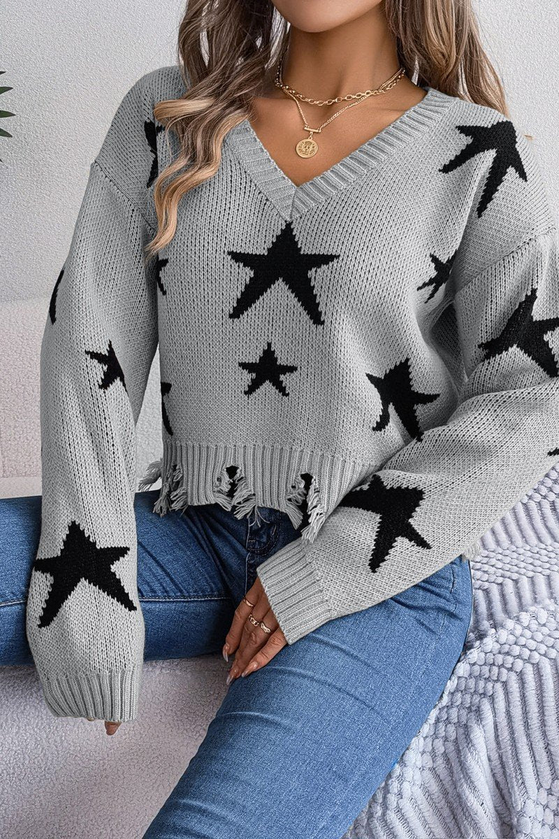 WOMEN STAR PRINTING DISTRESSED HEM KNIT SWEATER