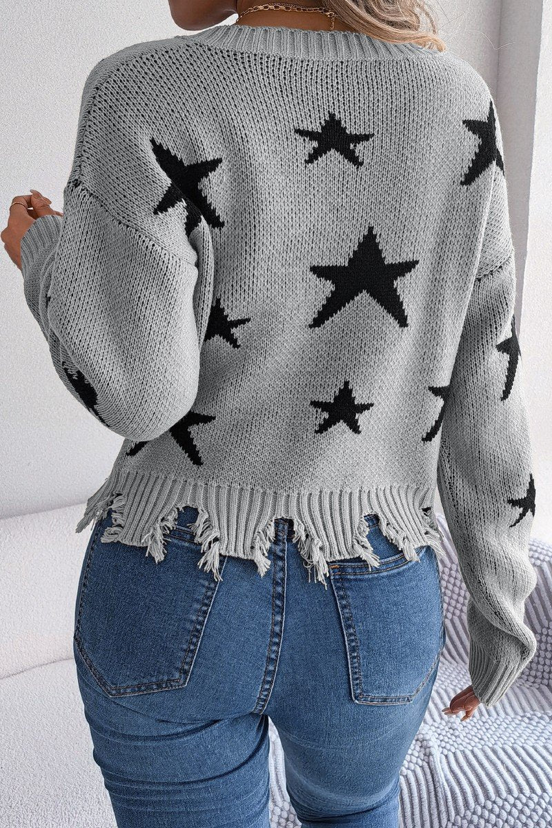 WOMEN STAR PRINTING DISTRESSED HEM KNIT SWEATER