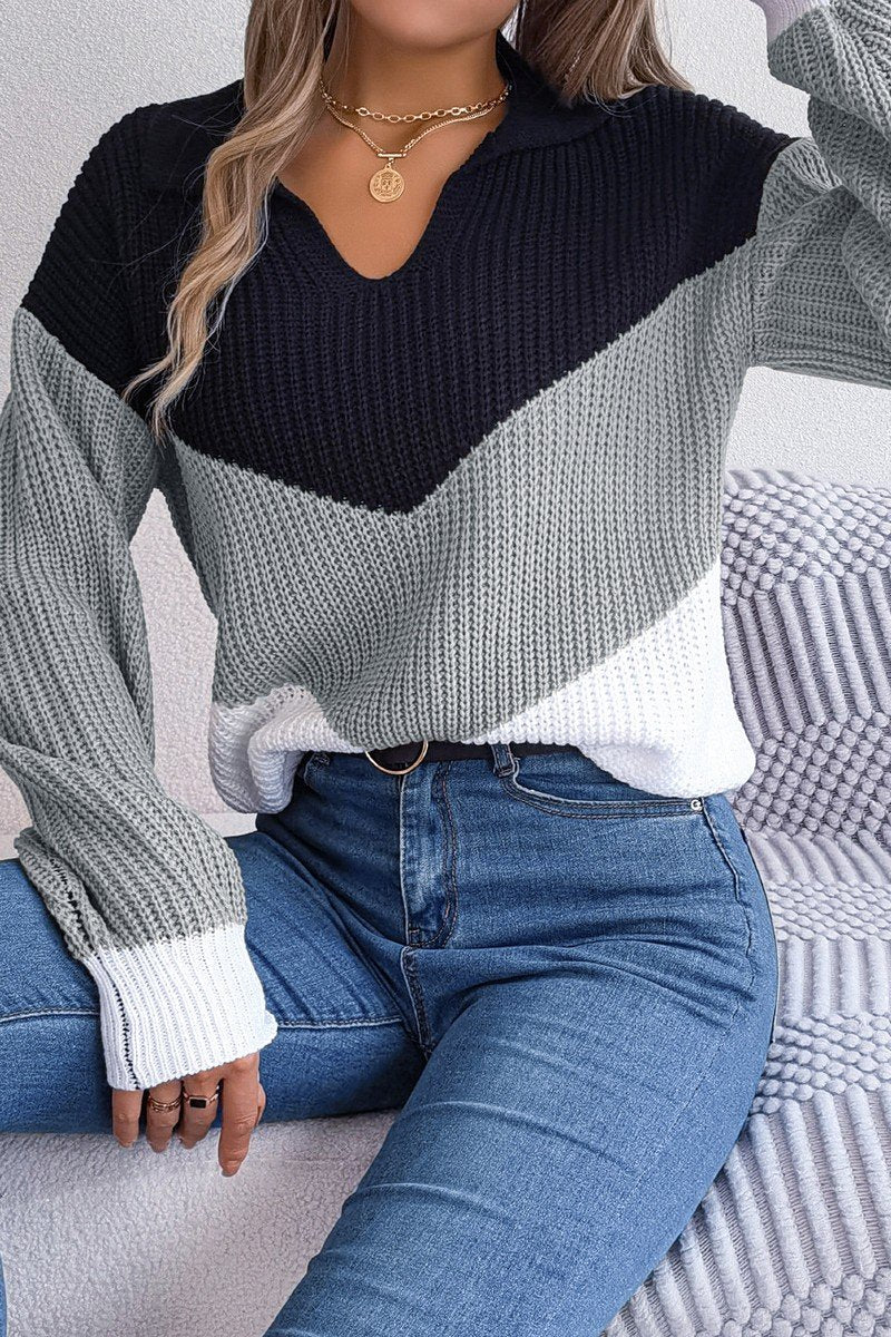 WOMEN COLOR BLOCK COLLARED KNIT CASUAL SWEATER