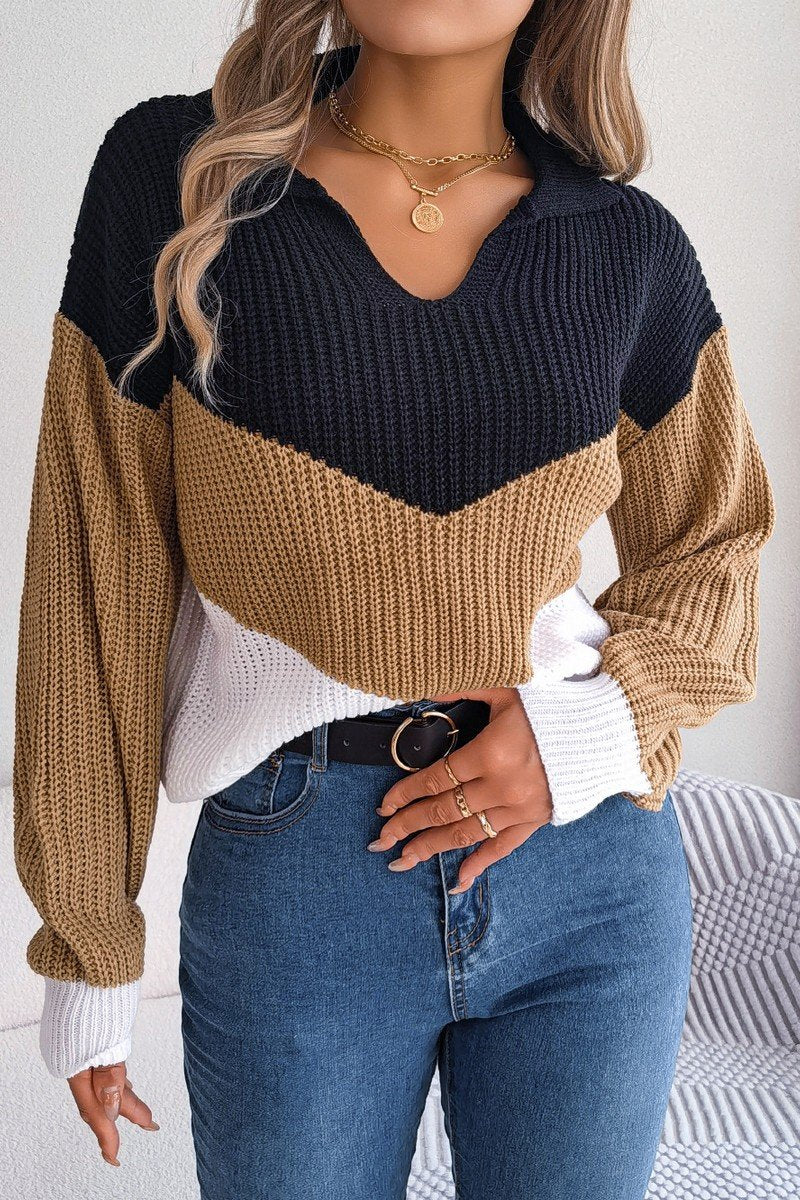 WOMEN COLOR BLOCK COLLARED KNIT CASUAL SWEATER