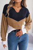 WOMEN COLOR BLOCK COLLARED KNIT CASUAL SWEATER