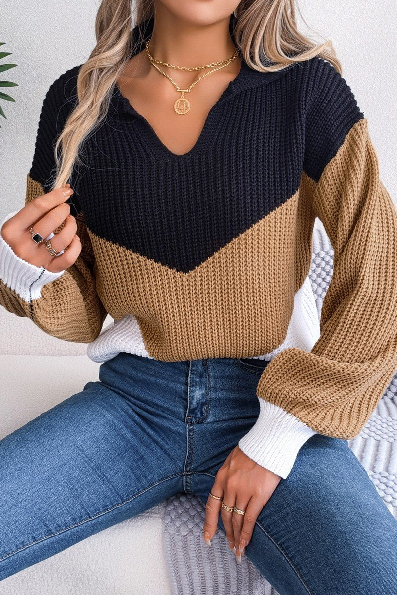 WOMEN COLOR BLOCK COLLARED KNIT CASUAL SWEATER