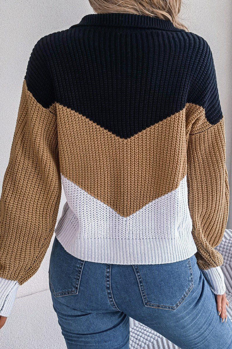 WOMEN COLOR BLOCK COLLARED KNIT CASUAL SWEATER