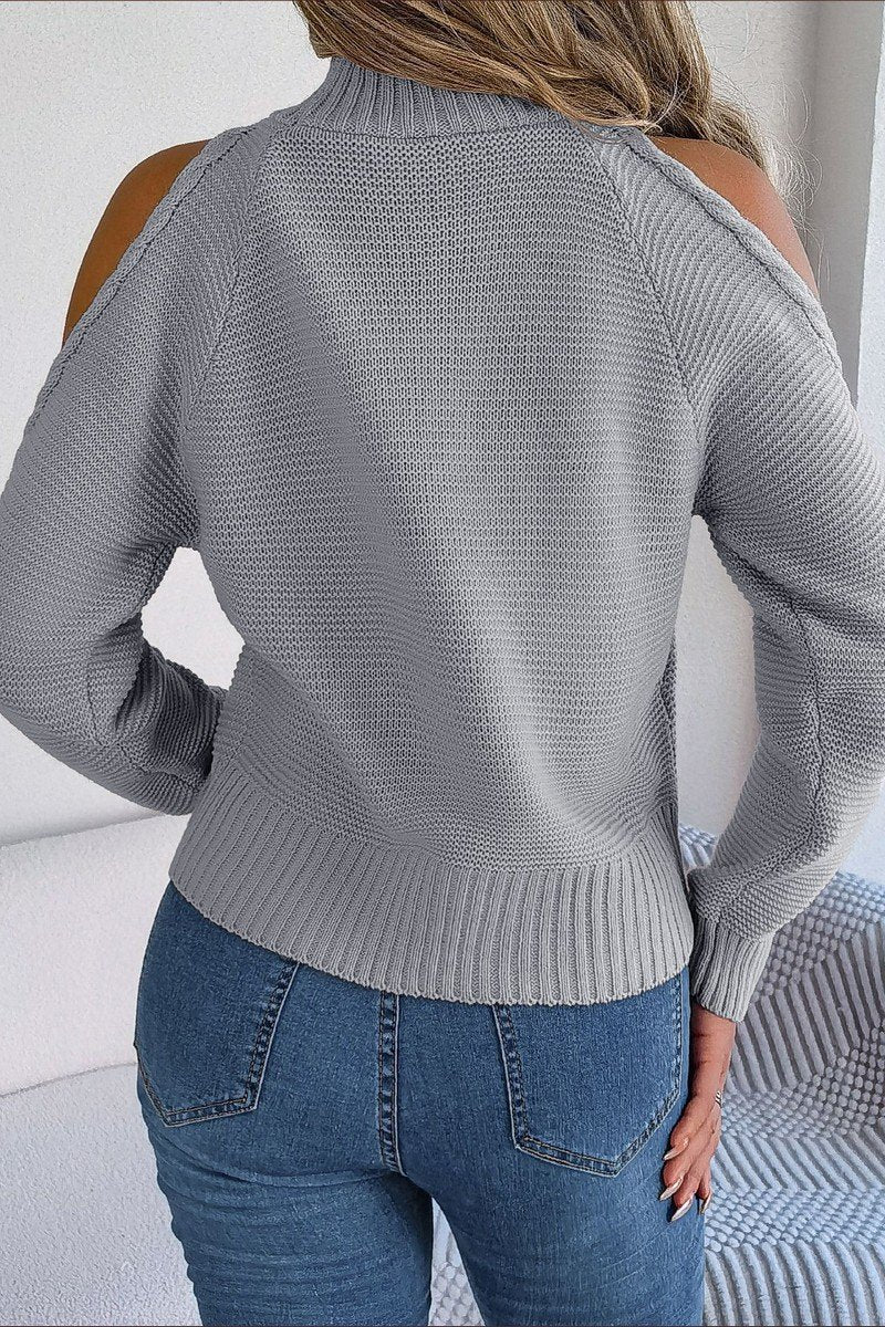 WOMEN HIGH NECK CUT OUT SHOULDER KNIT SWEATSHIRT