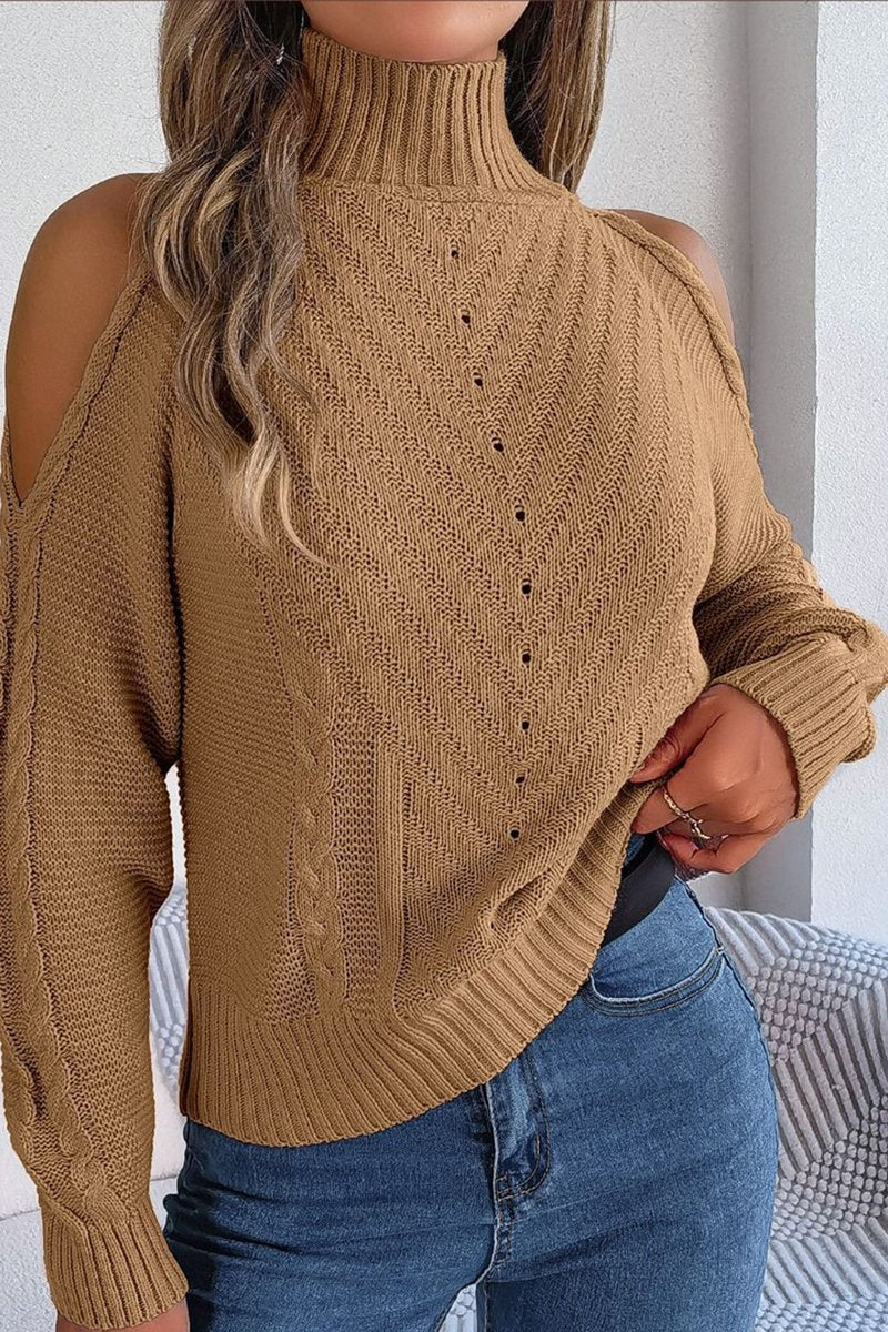 WOMEN HIGH NECK CUT OUT SHOULDER KNIT SWEATSHIRT