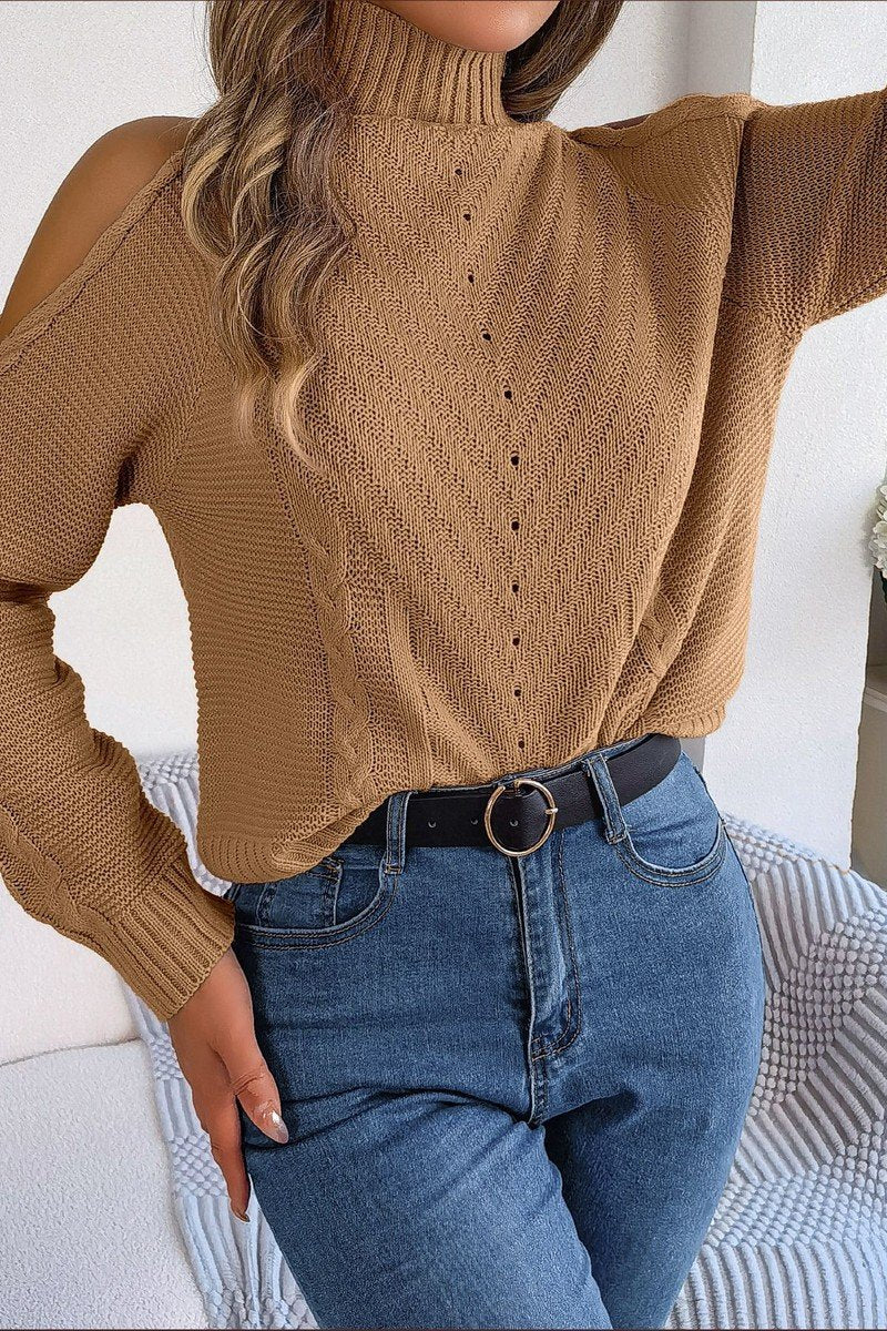 WOMEN HIGH NECK CUT OUT SHOULDER KNIT SWEATSHIRT