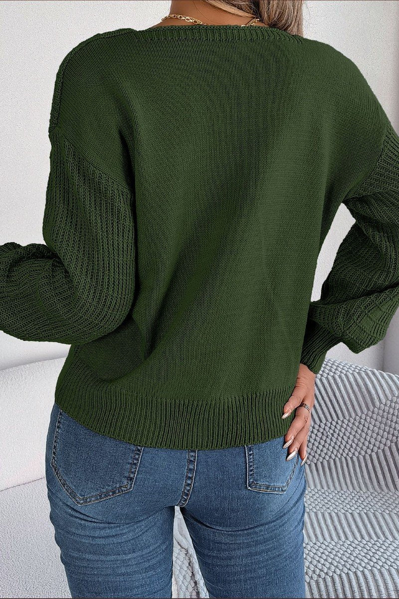 WOMEN CABLE KNITTED SQUARE NECK KNIT SWEATSHIRT