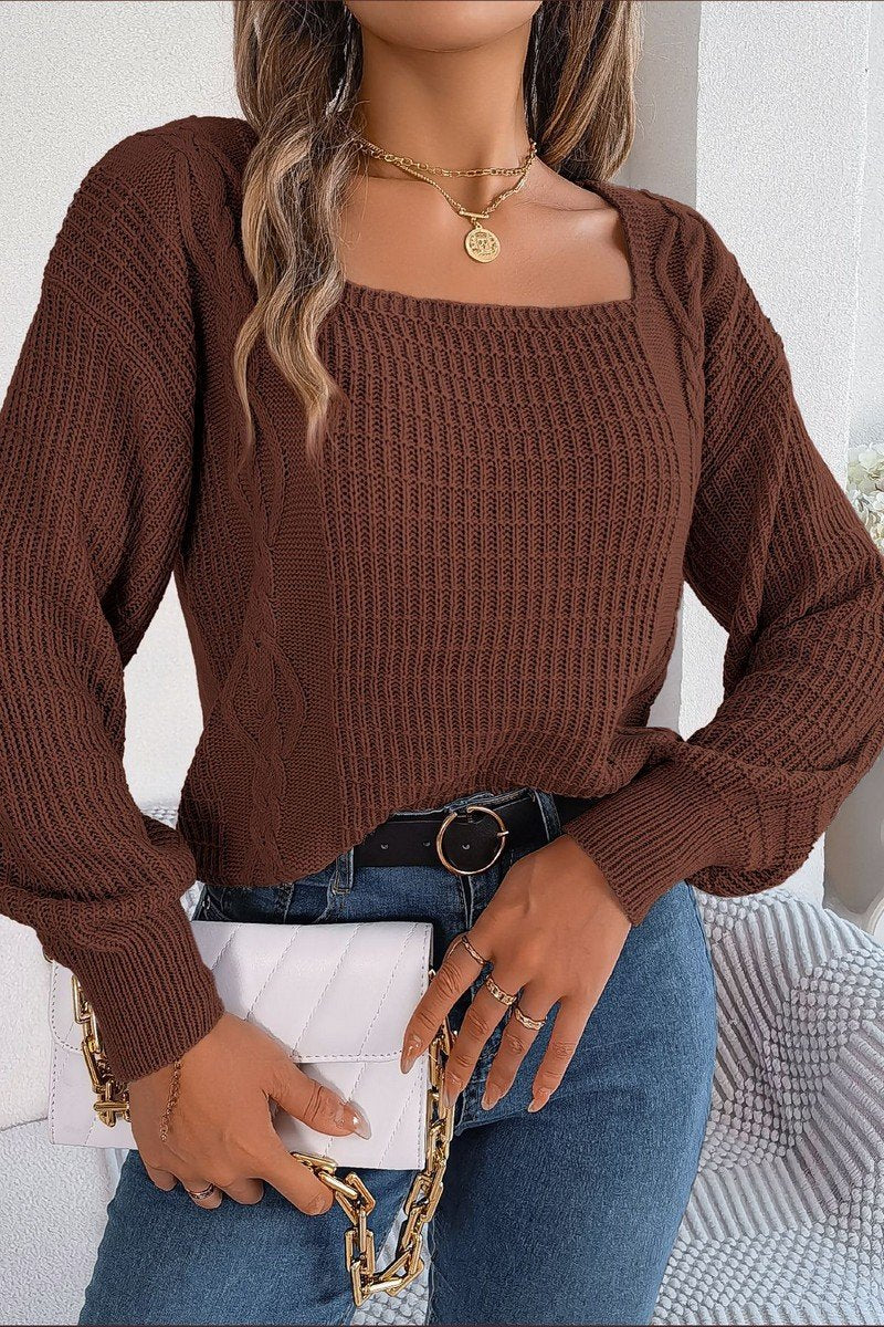 WOMEN CABLE KNITTED SQUARE NECK KNIT SWEATSHIRT