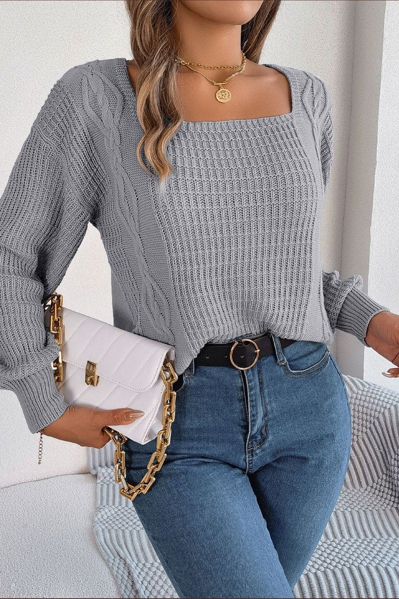 WOMEN CABLE KNITTED SQUARE NECK KNIT SWEATSHIRT