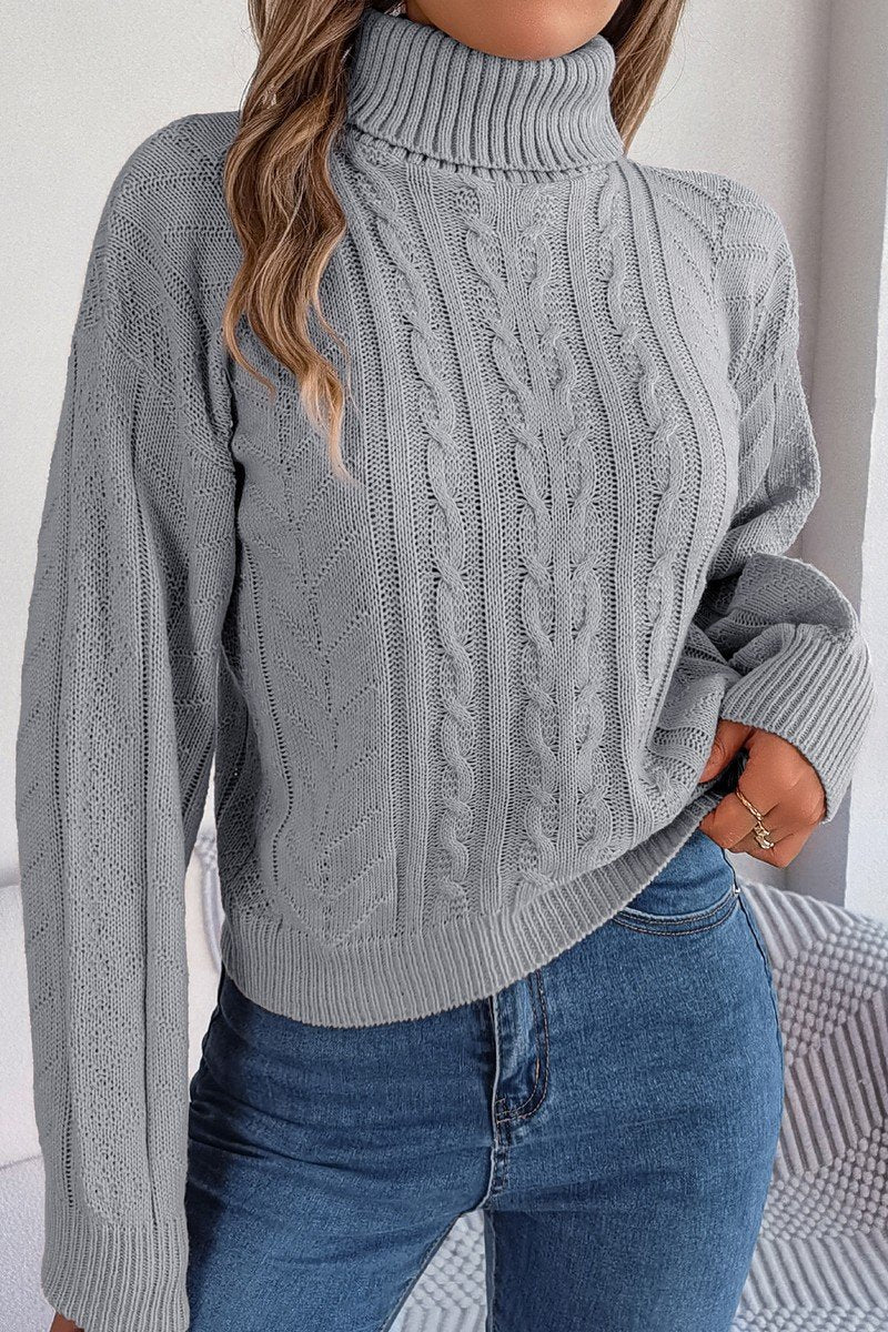 WOMEN TWIST CABLE KNIT TURTLE NECK WARM SWEATER