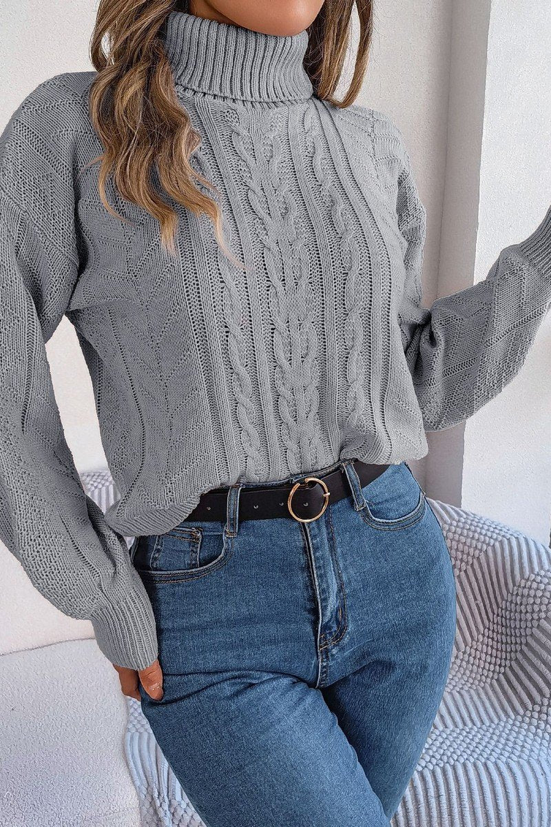 WOMEN TWIST CABLE KNIT TURTLE NECK WARM SWEATER