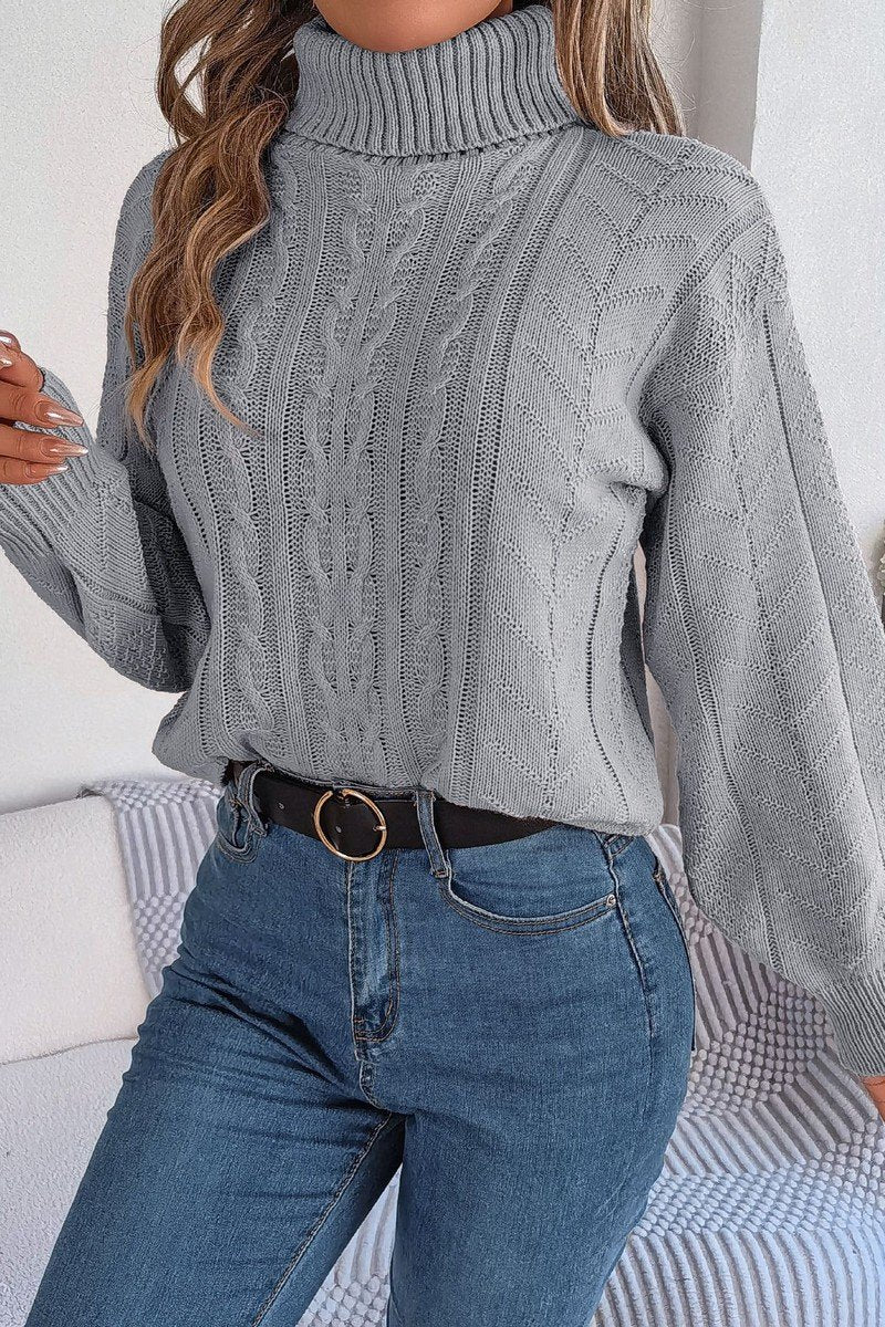 WOMEN TWIST CABLE KNIT TURTLE NECK WARM SWEATER