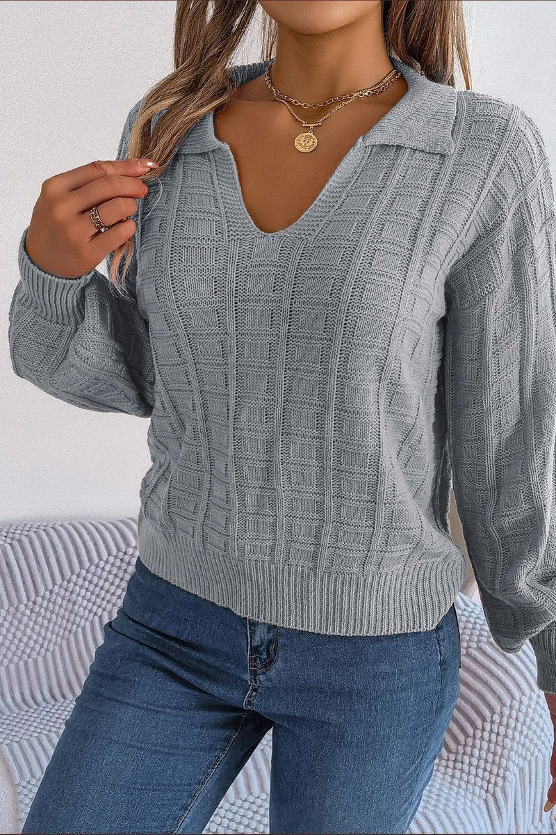 WOMEN LONG SLEEVE LOOSE FIT COLLARED KNIT SWEATER