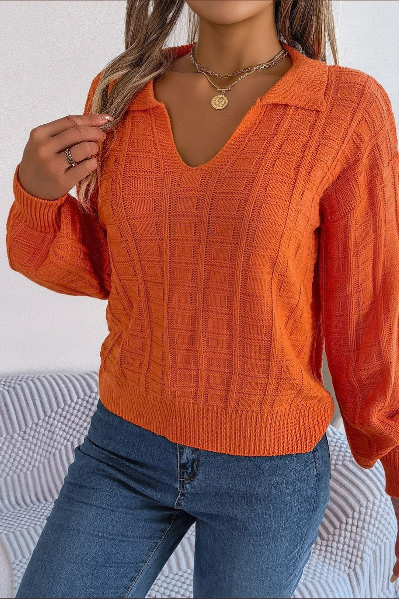 WOMEN LONG SLEEVE LOOSE FIT COLLARED KNIT SWEATER