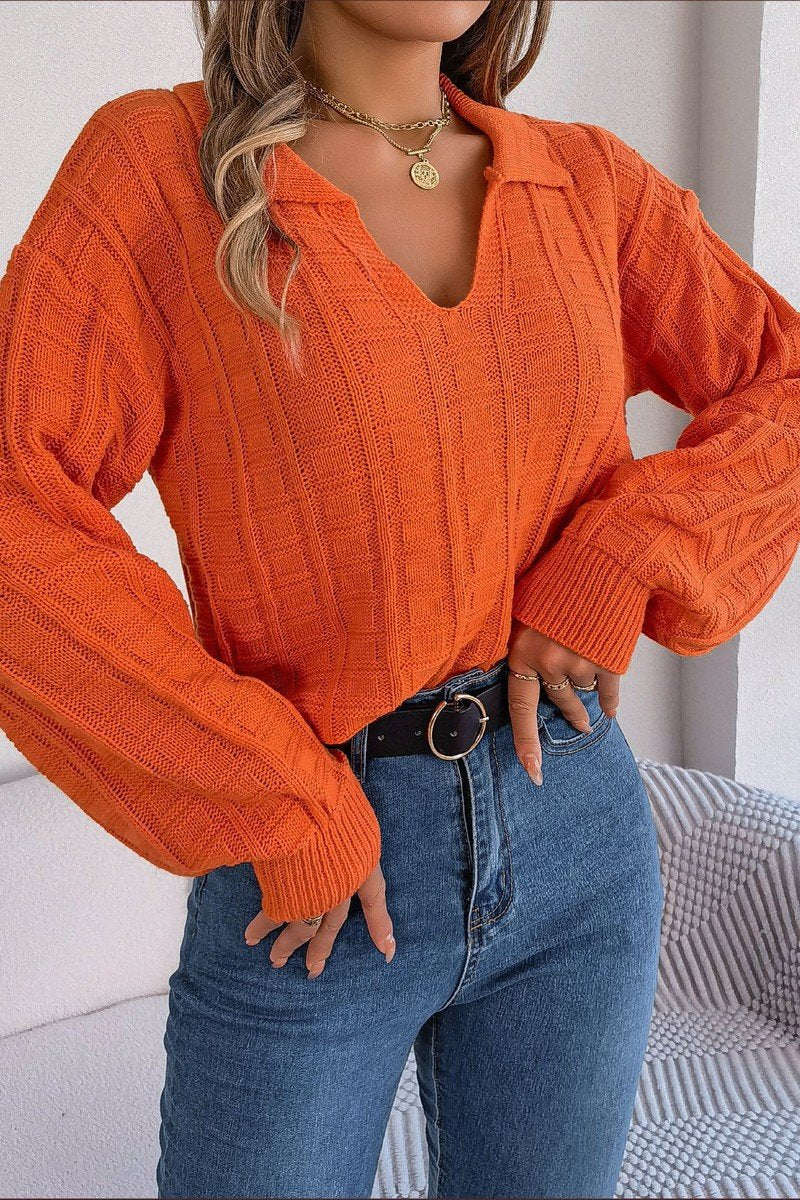 WOMEN LONG SLEEVE LOOSE FIT COLLARED KNIT SWEATER