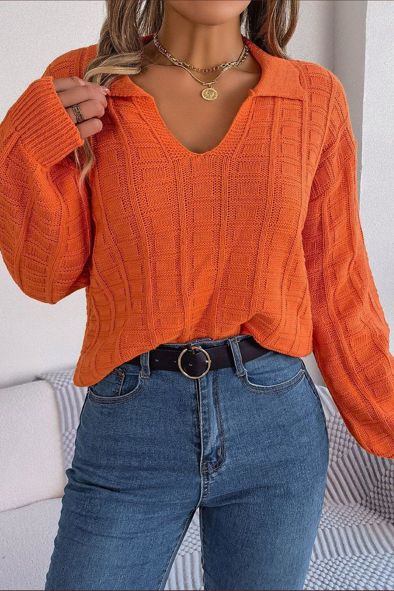 WOMEN LONG SLEEVE LOOSE FIT COLLARED KNIT SWEATER