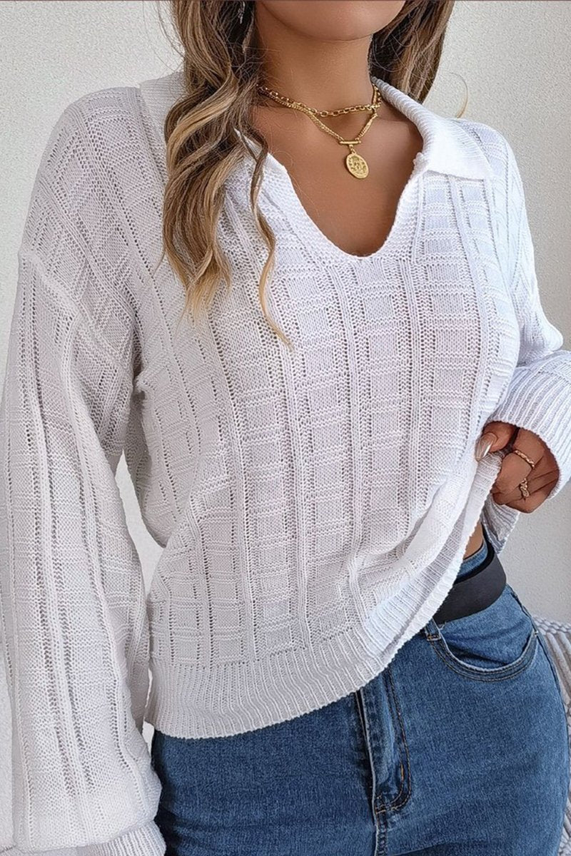 WOMEN LONG SLEEVE LOOSE FIT COLLARED KNIT SWEATER