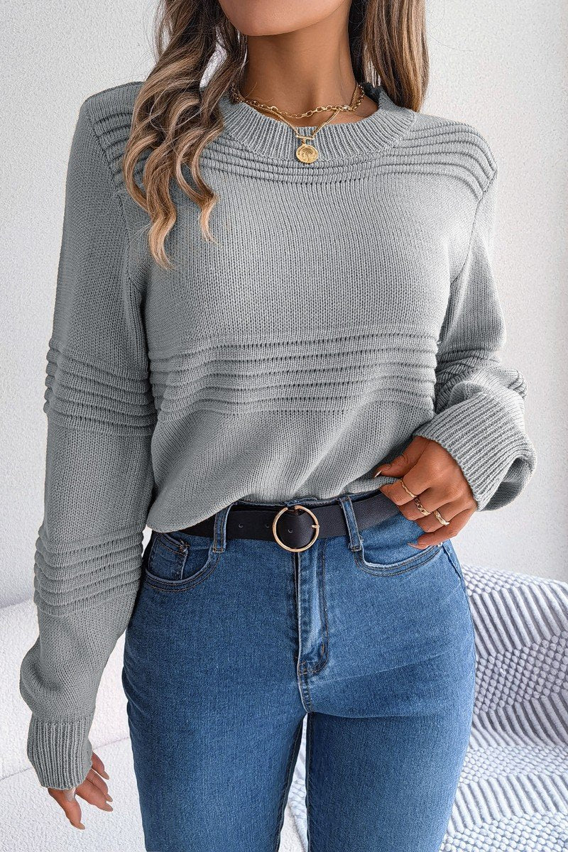 WOMEN RIBBED CREWNECK LOOSE FIT KNITTED SWEATER