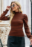 WOMEN HIGH NECK STRIPE PATTERN LONG SLEEVE TOP