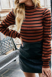 WOMEN HIGH NECK STRIPE PATTERN LONG SLEEVE TOP