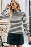 WOMEN HIGH NECK STRIPE PATTERN LONG SLEEVE TOP