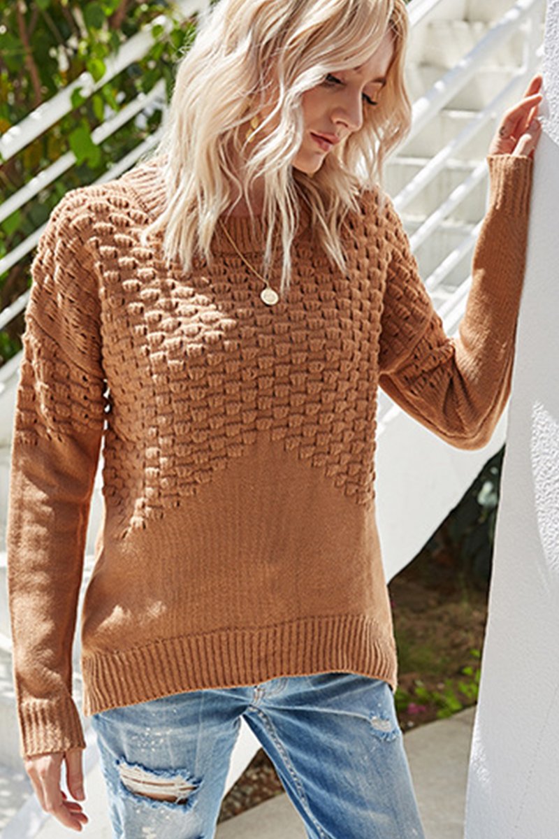 WOMEN EMBOSSING QUILTED LONG SLEEVE SWEATER