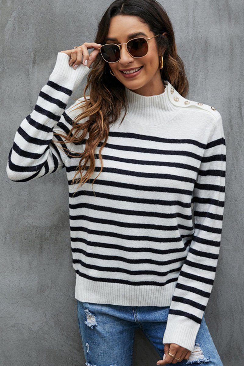 WOMEN HIGH NECK RIBBED STRIPE PATTERN SWEATSHIRT