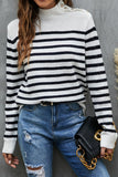 WOMEN HIGH NECK RIBBED STRIPE PATTERN SWEATSHIRT