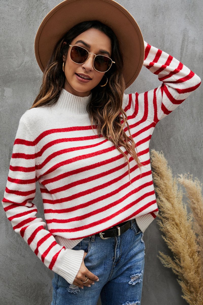 WOMEN HIGH NECK RIBBED STRIPE PATTERN SWEATSHIRT