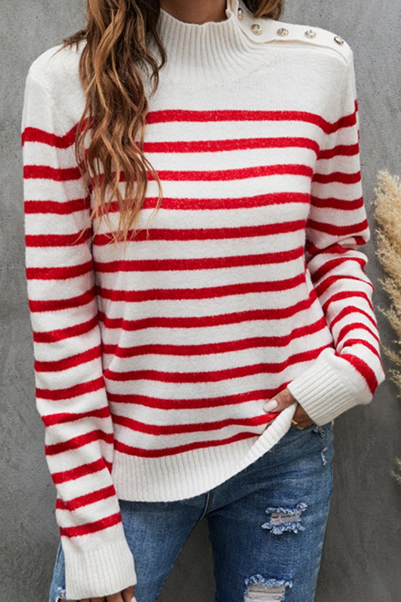 WOMEN HIGH NECK RIBBED STRIPE PATTERN SWEATSHIRT