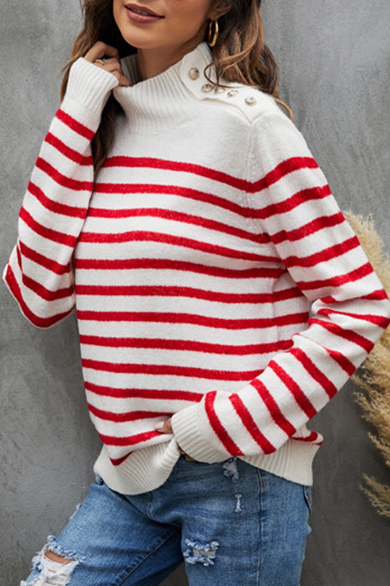 WOMEN HIGH NECK RIBBED STRIPE PATTERN SWEATSHIRT