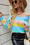 WOMEN COLORFUL STRIPED V NECK LONG SLEEVE TOP